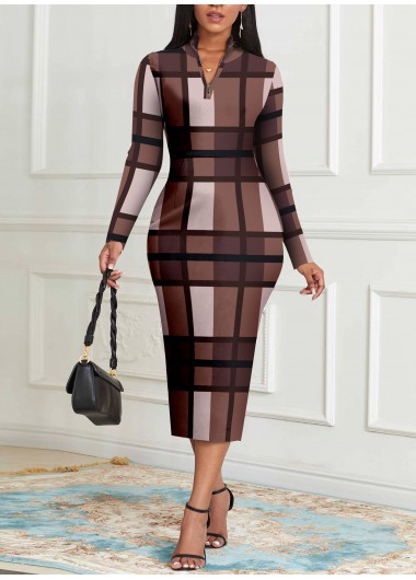 Dark Coffee dresses,Plaid dresses,ROTITA Zipper Plaid Coffee Camel Stand Collar Dress