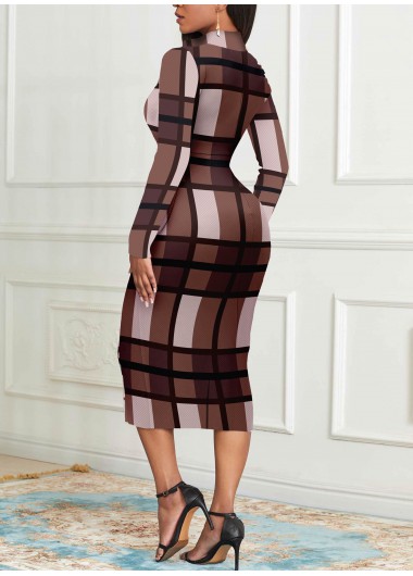 Dark Coffee dresses,Plaid dresses,ROTITA Zipper Plaid Coffee Camel Stand Collar Dress