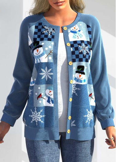 Blue tops,Christmas tops,ROTITA Patchwork Christmas Print Blue Round Neck Cardigan