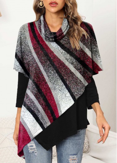 Multi Color tops,Geometric tops,ROTITA Geometric Print 3/4 Sleeve Asymmetric Hem Sweatshirt