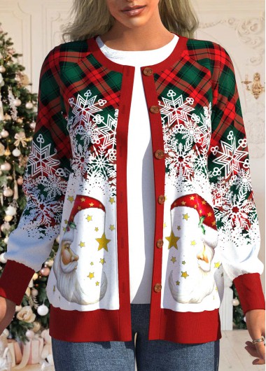 Multi Color tops,Christmas tops,ROTITA Santa Claus Print Multi Color Round Neck Cardigan