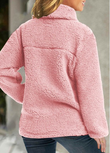 Pink outerwear & coats,Plain Color outerwear & coats,ROTITA Plush Pink Turn Down Collar Long Sleeve Coat