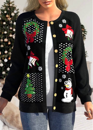 Black outerwear & coats,Christmas outerwear & coats,ROTITA Patchwork Christmas Print Black Long Sleeve Coat