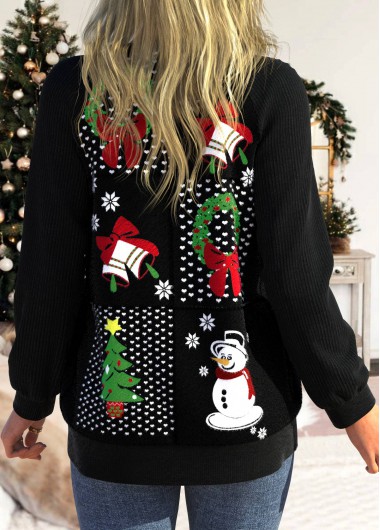 Black outerwear & coats,Christmas outerwear & coats,ROTITA Patchwork Christmas Print Black Long Sleeve Coat