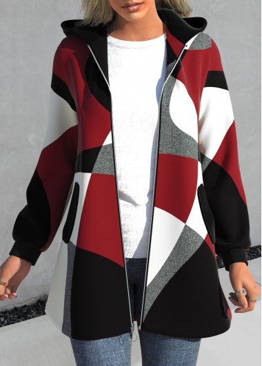 Red outerwear & coats,Geometric outerwear & coats,ROTITA Zipper Geometric Print Red Hooded Long Sleeve Jacket