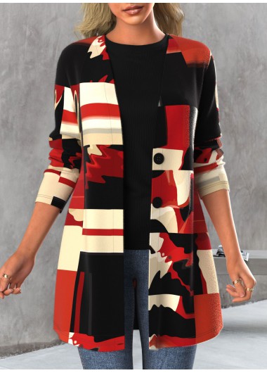 Red tops,Geometric tops,ROTITA Button Geometric Print Red Long Sleeve Cardigan