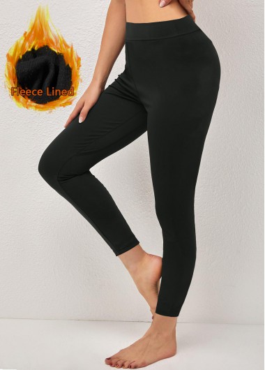 Black bottoms,Plain Color bottoms,ROTITA Black High Waisted Elastic Waist Fleece Lined Leggings