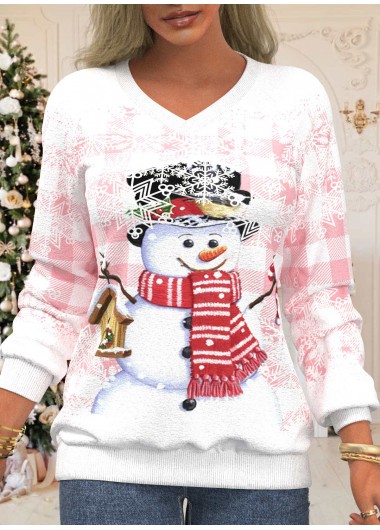 Pink plus size,Christmas plus size,ROTITA Plus Size Christmas Print Pink V Neck Long Sleeve Sweatshirt