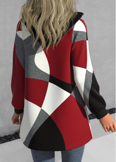 Red plus size,Geometric plus size,ROTITA Plus Size Zipper Geometric Print Red Hooded Long Sleeve Jacket
