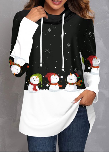 Black tops,Christmas tops,ROTITA Christmas Snowman Print Cowl Neck Black Sweatshirt