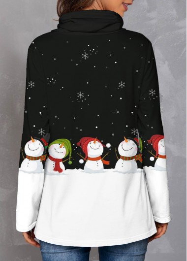 Black tops,Christmas tops,ROTITA Christmas Snowman Print Cowl Neck Black Sweatshirt