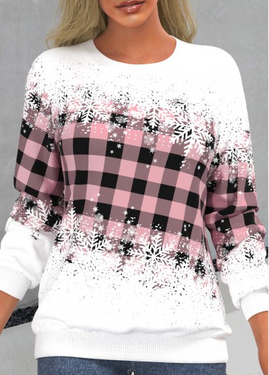 Pink tops,Plaid tops,ROTITA Snowflake Print Pink Round Neck Long Sleeve Sweatshirt