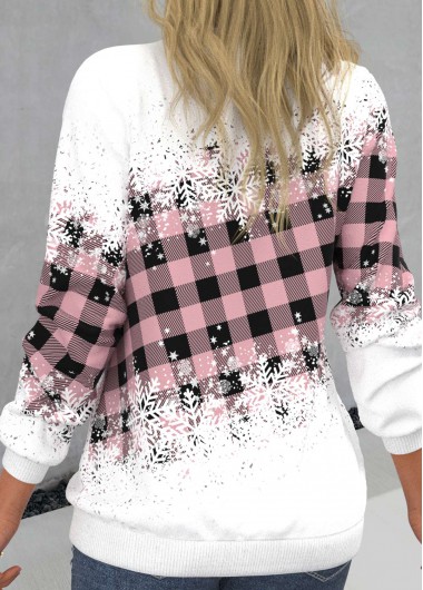 Pink tops,Plaid tops,ROTITA Snowflake Print Pink Round Neck Long Sleeve Sweatshirt