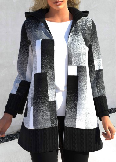 Black outerwear & coats,Geometric outerwear & coats,ROTITA Patchwork Geometric Print Black Hooded Long Sleeve Coat