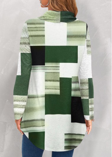 Green tops,Geometric tops,ROTITA Patchwork Geometric Print Green Cowl Neck Sweatshirt