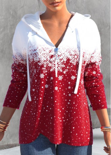 Red plus size,Christmas plus size,ROTITA Plus Size Zipper Christmas Snowflake Print Red Long Sleeve Hoodie