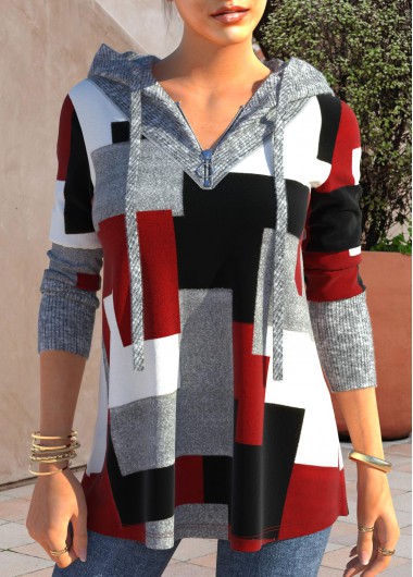 Red tops,Geometric tops,ROTITA Zipper Geometric Print Red Long Sleeve Hoodie