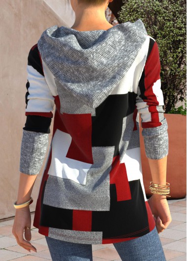 Red tops,Geometric tops,ROTITA Zipper Geometric Print Red Long Sleeve Hoodie