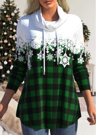 Green tops,Ombre tops,Christmas tops,Plaid tops,ROTITA Drawstring Snowflake Print Green Cowl Neck Sweatshirt
