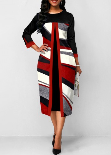 Red dresses,Geometric dresses,ROTITA Geometric Print Red Faux Two Piece Dress