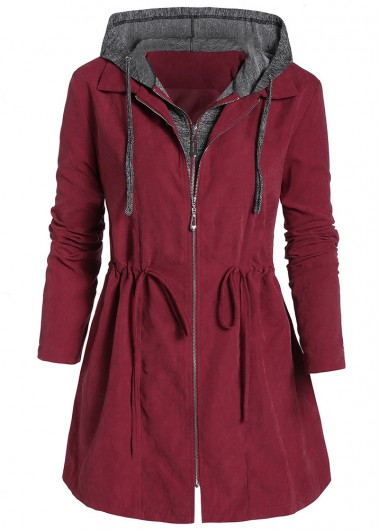 Wine Red plus size,Contrast Color plus size,Plus Size Drawstring Wine Red Hooded Coat