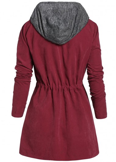 Wine Red plus size,Contrast Color plus size,Plus Size Drawstring Wine Red Hooded Coat