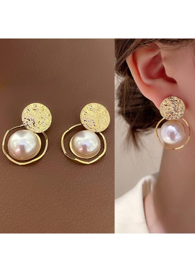 Gold jewelry,Plain Color jewelry,Gold Metal Detail Round Pearl Earrings