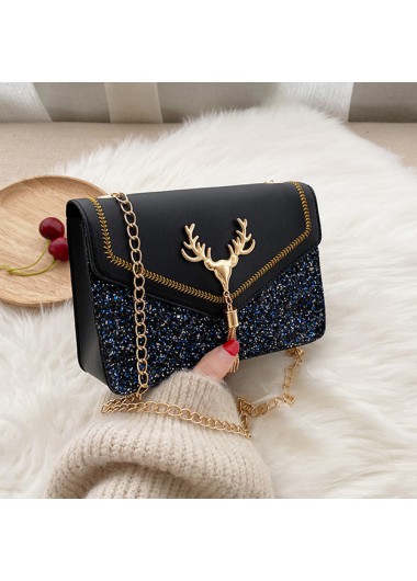 Black accessories,Contrast Color accessories,Black Sequined Faux Leather Magnetic Crossbody Bag
