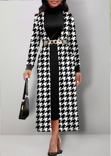 Black dresses,White dresses,Houndstooth dresses,ROTITA Fake 2in1 Houndstooth Print Black Dress