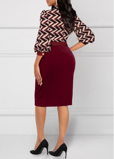 Wine Red dresses,Chevron dresses,Wear to Work dresses,Work dresses,ROTITA Button Striped Wine Red Tie Collar Bodycon Dress