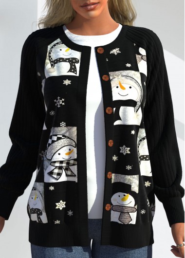 Black tops,Christmas tops,ROTITA Patchwork Snowman Print Christmas Black Round Neck Cardigan