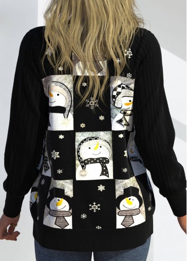 Black tops,Christmas tops,ROTITA Patchwork Snowman Print Christmas Black Round Neck Cardigan