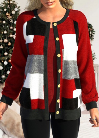 Red tops,Contrast Color tops,Geometric tops,ROTITA Button Up Red Patchwork Long Sleeve Cardigan