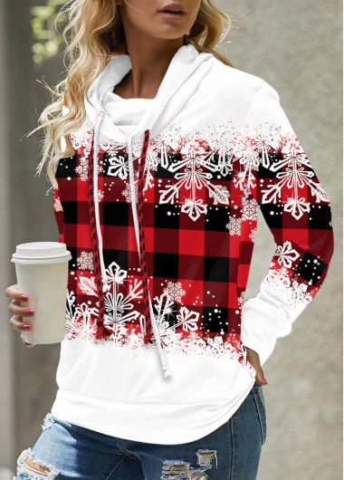 Red tops,Plaid tops,Geometric tops,Ombre tops,ROTITA Plaid Red Cowl Neck Long Sleeve Sweatshirt