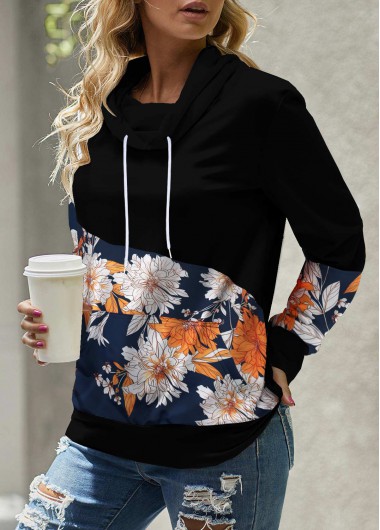 Black tops,Floral tops,Pocket Floral Print Black Cowl Neck Sweatshirt