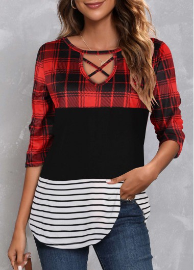 Red tops,Plaid tops,Striped tops,Patchwork Plaid Red Round Neck T Shirt