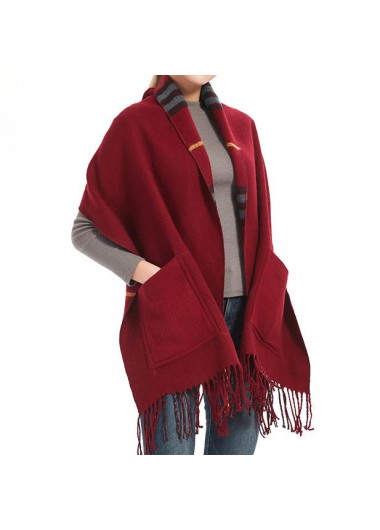 Wine Red accessories,Plaid accessories,Geometric accessories,Striped accessories,Plaid Wine Pocket Tassel Red Shawl