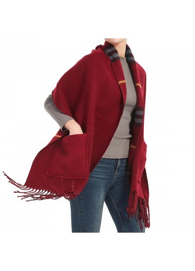 Wine Red accessories,Plaid accessories,Geometric accessories,Striped accessories,Plaid Wine Pocket Tassel Red Shawl