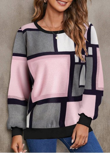 Light Pink tops,Geometric tops,Striped tops,ROTITA Hot Drilling Geometric Print Light Pink Sweatshirt