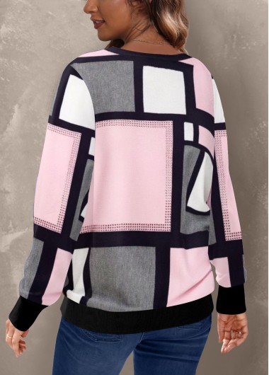 Light Pink tops,Geometric tops,Striped tops,ROTITA Hot Drilling Geometric Print Light Pink Sweatshirt