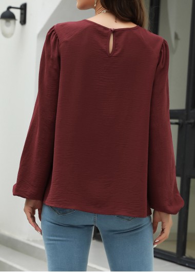Wine Red tops,Plain Color tops,Wine Red Round Neck Long Sleeve Blouse