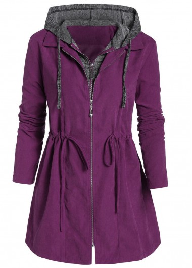 Violet plus size,Contrast Color plus size,Plus Size Drawstring Violet Hooded Long Sleeve Coat