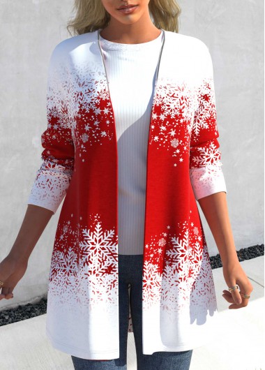 Red outerwear & coats,Christmas outerwear & coats,Ombre outerwear & coats,ROTITA Christmas Snowflake Print Long Sleeve Red Coat