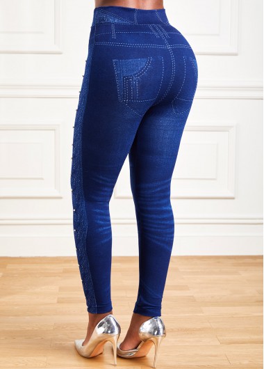 Dark Blue bottoms,Plain Color bottoms,Dark Blue High Waisted Elastic Waist Leggings