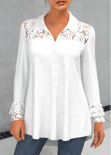 White plus size,Plain Color plus size,ROTITA Plus Size Lace Stitching Turndown Collar White Blouse