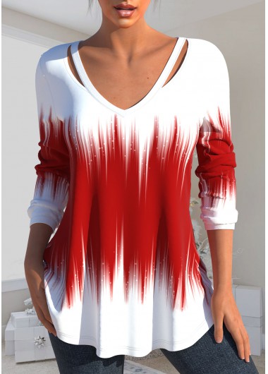 Red tops,Ombre tops,ROTITA Cut Out Ombre Red V Neck T Shirt