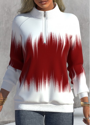 Red tops,Ombre tops,ROTITA Zipper Ombre Red High Neck Long Sleeve Sweatshirt