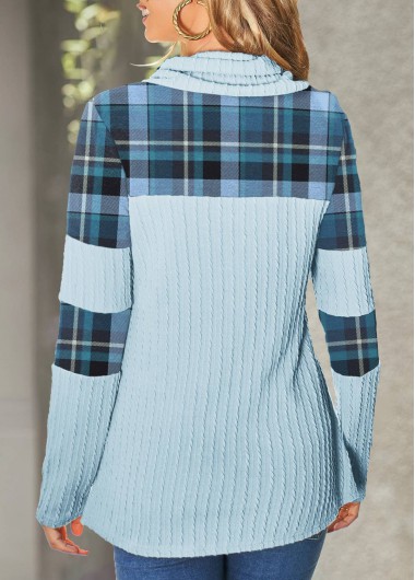 Light Blue tops,Striped tops,Geometric tops,ROTITA Patchwork Plaid Light Blue Cowl Neck Sweatshirt