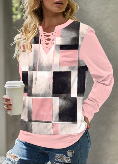 Pink tops,Plaid tops,Geometric tops,ROTITA Lace Up Plaid Pink Long Sleeve Sweatshirt