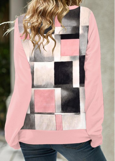 Pink tops,Plaid tops,Geometric tops,ROTITA Lace Up Plaid Pink Long Sleeve Sweatshirt